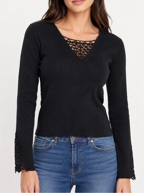 Optimum Pure & Simple Ribbed Lace Trim V-Neck Long Sleeve Top Black Petite SP
